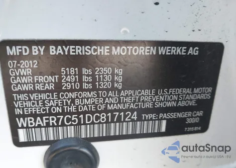 2013 BMW 535I из США, поврежденный, VIN WBAFR7C51DC817124